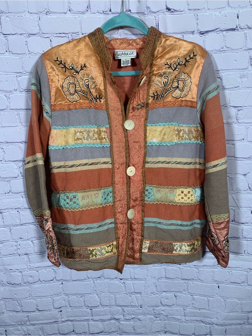 Flashback Womens VTG Patchwork Button-Up Jacket Multi Sz S Boho Festival Layer